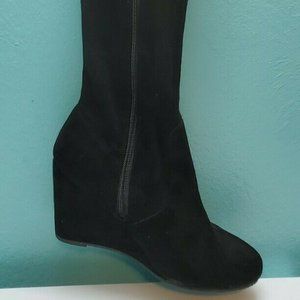 Francescas Glamm Solid Over The Knee Boot 8.5 Black Wedge Zipper with Ties.